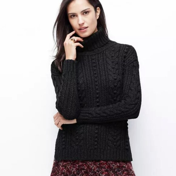 Ann Taylor Cable Turtleneck Sweater Large Black Merino Wool Alpaca Fisherman - Picture 1 of 13